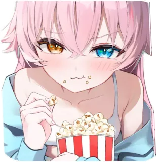 ❤ アニメガール, ポップコーン, 虹彩異色症, ピンク髪, かわいい, スナック telegram sticker
