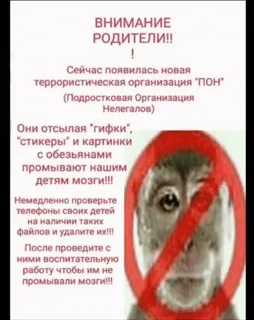 🌟 ВНИМАНИЕ
РОДИТЕЛИ!!
!
Сейчас появилась новая
террористическая организация "ПОН"
(Подростковая Организация
Нелегалов)
Они отсылая "гифки",
"стикеры" и картинки
с обезьянами
промывают нашим
детям мозги!!!
Немедленно проверьте
телефоны своих детей
на наличии таких
файлов и удалите их!!!
После проведите с
ними воспитательную
работу чтобы им не
промывали мозги!!! warning, parents, terrorism, propaganda, children, Internet safety, monkey whatsapp sticker