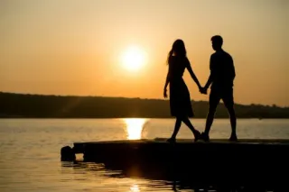 😍 couple, love, sunset, romance, lake, silhouette, romantic telegram sticker