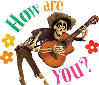 ❓ How are you? esqueleto, guitarra, flores, saludo telegram sticker