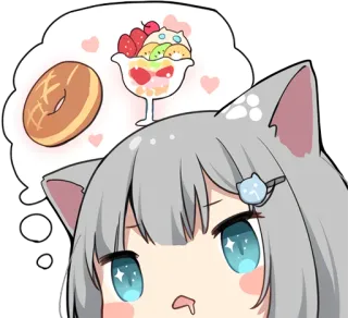 😋 кот, аниме, десерт, пончик, мороженое, милый, думающий whatsapp sticker