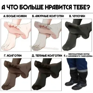 😈 А ЧТО БОЛЬШЕ НРАВИТСЯ ТЕБЕ? А. БОЫЕ НОЖКИ Б. АЖУРНЫЕ КОЛГОТКИ В. ЧУЛОЧКИ Г. КОЛГОТКИ Д. ТЕМНЫЕ КОЛГОТКИ Е. БЕСПЛАТНЫЕ БОТЫ С ЛЮБИМОГО ЗАВОДИКА telegram sticker