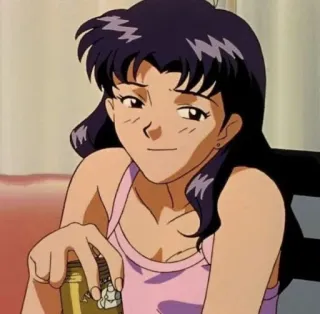 😏 Misato Katsuragi Neon Genesis Evangelion аниме, Мисато Кацураги, Евангелион, женщина, пьёт whatsapp sticker