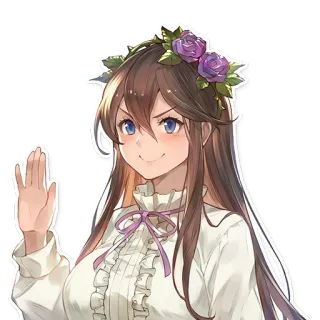 🖐 Anime, Blumenkranz, winkend, lange Haare, lila Rosen telegram sticker