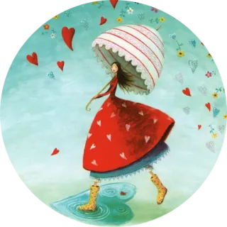 😏 Frau, Regenschirm, rotes Kleid, Herzen, Blumen, Illustration, Fantasy, Gummistiefel telegram sticker