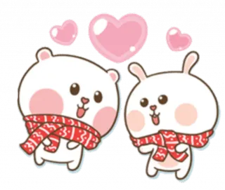 ❤️ kawaii, Bär, Hase, süß, Herzen, Schal, Cartoon telegram sticker