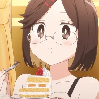 😋 dziewczyna anime, ciasto, deser, okulary, kreskówka, jedzenie, kobieta, jeść telegram sticker