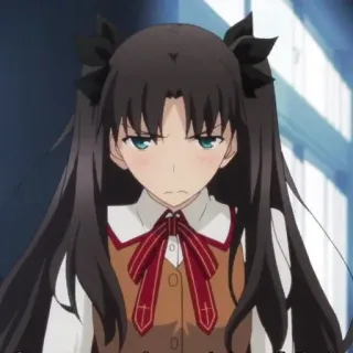 😳 Rin Tohsaka Fate/stay night anime, cartone animato, ragazza, capelli lunghi, fiocco, studentessa telegram sticker