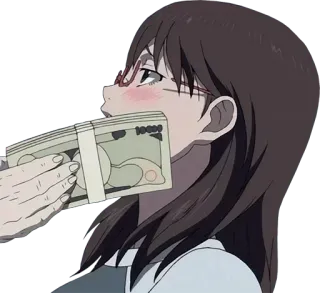 💰 Anime, Dinheiro, Pilha de dinheiro, Dez mil ienes, Riqueza, Garota, Óculos whatsapp sticker