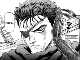 🖤 Guts Berserk HMPH. anime, manga, sword, warrior, eye patch, angry whatsapp sticker