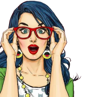 😃 woman, eyeglasses, pop art, surprised, blue hair, red glasses telegram sticker