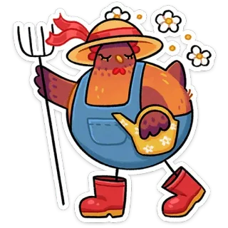 🧑‍🌾 chicken, farmer, gardening, pitchfork, watering can, cute, animal telegram sticker