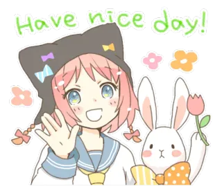 👋 Have nice day! anime girl, kawaii, bunny, cute, flowers, greeting whatsapp sticker