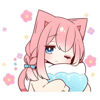 😴 Anime, Słodkie, Różowe włosy, Kocia dziewczyna, Kwiaty, Chibi telegram sticker