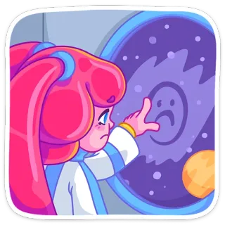 😫 fille, triste, espace, fenêtre, portail, dessin animé, cheveux roses whatsapp sticker
