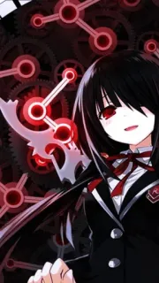 🙂 Anime, Chica, Oscuro, Ojos rojos, Pelo negro, Reloj, Engranajes whatsapp sticker