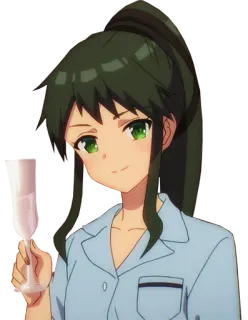 🍸 chica anime, cola de caballo, copa de champán, morena, sonriendo, interior telegram sticker