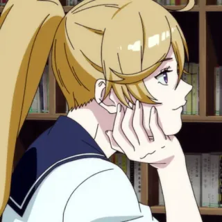 ❤️ anime, girl, ponytail, thinking, library telegram sticker
