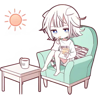 🌞 anime, cô gái, thư giãn, ghế, mặt trời, cà phê, dễ thương telegram sticker