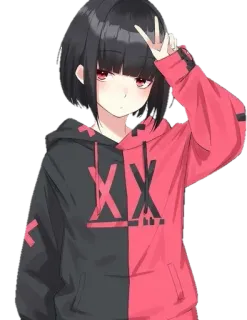✌ dziewczyna anime, znak pokoju, czerwone oczy, bluza z kapturem, anime telegram sticker