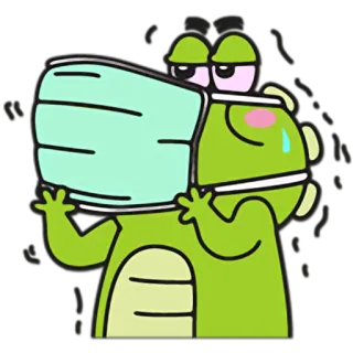 😷 cartoon, alligator, mask, sick, sad, green telegram sticker