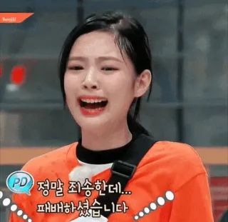 😭 정말 죄송한데... 패배하였습니다 mulher, chorando, triste, coreano, desculpa, pedido de desculpas whatsapp sticker