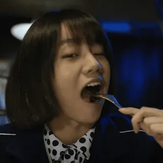 😋 eating, food, person, woman, table, fork telegram sticker