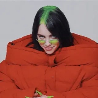 🕸 Billie Eilish 歌手, ポップ, 緑髪, サングラス, 赤いジャケット telegram sticker