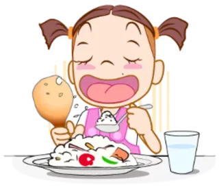 🍗 Dibujo animado, Comiendo, Comida, Niña, Arroz, Pollo, Feliz telegram sticker