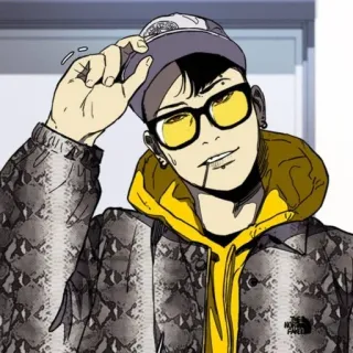 🇨🇼 Stile anime, Personaggio cartone animato, Abbigliamento casual, Tonalità gialla, Occhiali, Sorridendo, Uomo, Cappello whatsapp sticker