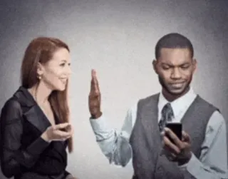 🫸 hand gesture, talking, ignored, business people, office drama, man and woman, smartphone, stock photo telegram sticker