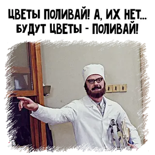 💐 ЦВЕТЫ ПОЛИВАЙ! А, ИХ НЕТ... БУДУТ ЦВЕТЫ - ПОЛИВАЙ! russian, doctor, flowers, meme, text telegram sticker