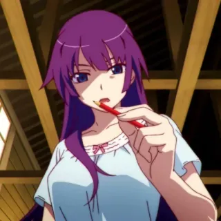 🎭 Hitagi Senjougahara Monogatari anime, fioletowe włosy, dziewczyna, postać, Senjougahara telegram sticker