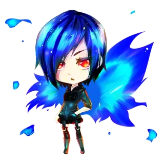 😏 anime, chibi, blue hair, wings, cute, cartoon whatsapp sticker