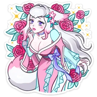 🌹 贴纸, 动漫女孩, 狐娘, 玫瑰, 粉色, 卡哇伊, 幻想, 花 telegram sticker