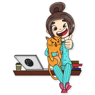 👍 ragazza, gatto, laptop, pollice in su, cartone animato, accogliente, casa, adesivo telegram sticker