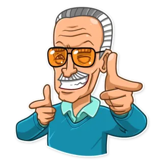 😁 Stan Lee stan lee, marvel, comic creator, celebrity, cartoon, glasses, happy, finger gun telegram sticker