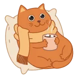 ☕️ cat, cute, kawaii, coffee, scarf, pillow, orange cat, cartoon whatsapp sticker