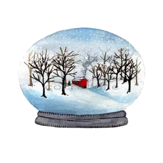 🔮 bola de nieve, invierno, nieve, árboles, acuarela, casa roja, paisaje telegram sticker