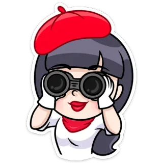 👀 девушка, берет, бинокль, смотрит, мультфильм, искусство, поиск telegram sticker