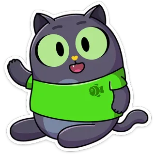 👋 แมว, สัตว์, สติกเกอร์, การ์ตูน, น่ารัก, เสื้อเชิ้ตสีเขียว, ปลา telegram sticker