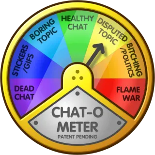 4️⃣ HEALTHY CHAT, DISPUTED TOPIC, BITCHING / POLITICS, FLAME WAR, BORING TOPIC, STICKERS /GIFS, DEAD CHAT, CHAT-O METER, PATENT PENDING chat, communication, politics, topic, flame war, stickers, meter telegram sticker