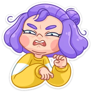 😬 cartone animato, adesivo, disgusto, smorfia, capelli viola, annoiato, infelice telegram sticker