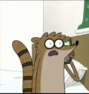 👾 Rigby Regular Show Rigby, Regular Show, cartoon, shocked, talking on phone whatsapp sticker