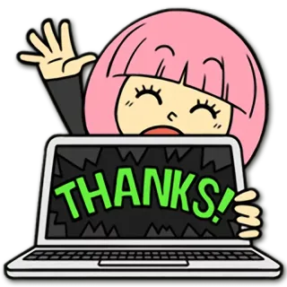 😄 THANKS! thank you, computer, laptop, cartoon, girl, cute telegram sticker