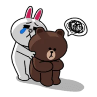 😕 Line Friends, Зайчик, Бурый медведь, Грусть, Утешение, Эмпатия whatsapp sticker