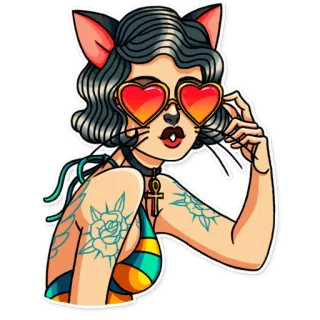 😻 woman, cat ears, heart glasses, tattoo, cartoon, sticker whatsapp sticker