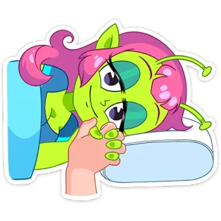 ☺️ Alienígena, Desenho animado, Sonolento, Fofo, Cabelo rosa, Pele verde telegram sticker