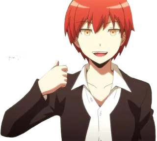 👍 Karma Akabane Assassination Classroom anime, thumbs up, red hair, school uniform, manga telegram sticker