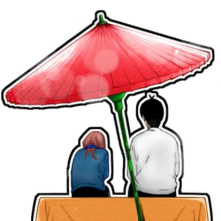 ❤️ payung, pasangan, duduk, payung merah, meja, kencan, gaya anime, hubungan whatsapp sticker